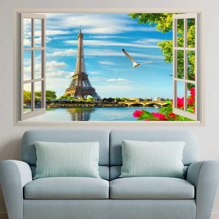 Adesivo de Parede de Janela Falsa Paisagem Urbana Torre Eiffel com Pssaro