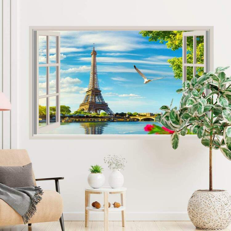 Adesivo de Parede de Janela Falsa Paisagem Urbana Torre Eiffel com Pssaro