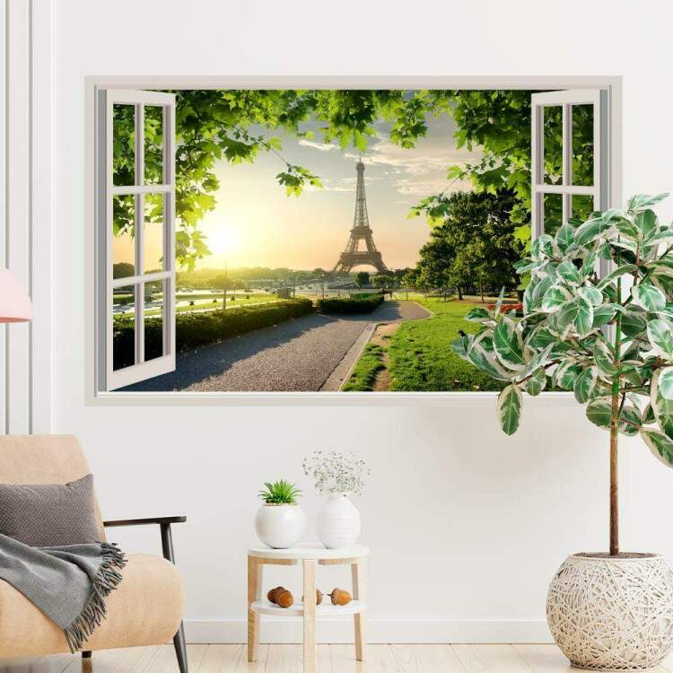 Adesivo de Parede de Janela Falsa Paisagem Urbana da Torre Eiffel ao Entardecer