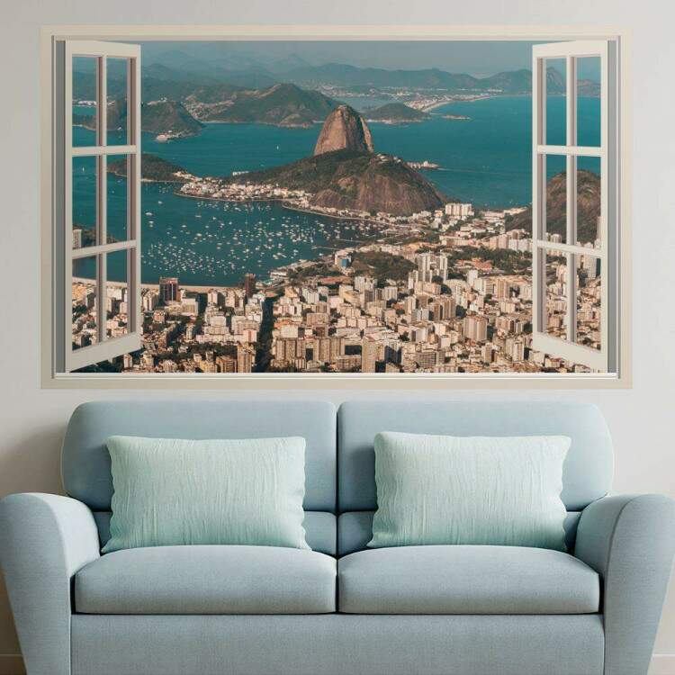 Adesivo de Parede de Janela Falsa Paisagem Urbana do Rio de Janeiro com Po de Acar e Baa de Guanabara
