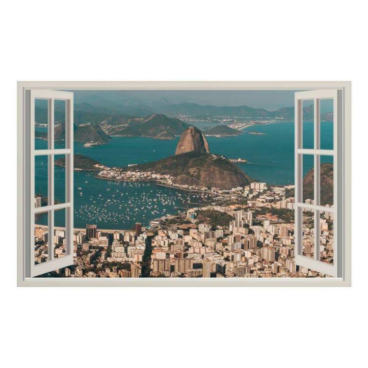 Adesivo de Parede de Janela Falsa Paisagem Urbana do Rio de Janeiro com Po de Acar e Baa de Guanabara