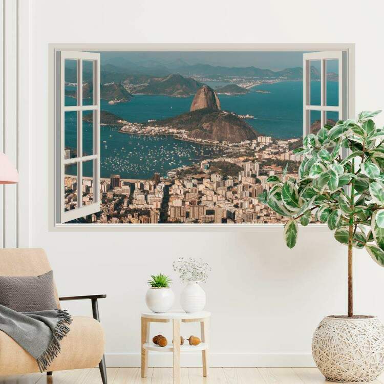 Adesivo de Parede de Janela Falsa Paisagem Urbana do Rio de Janeiro com Po de Acar e Baa de Guanabara