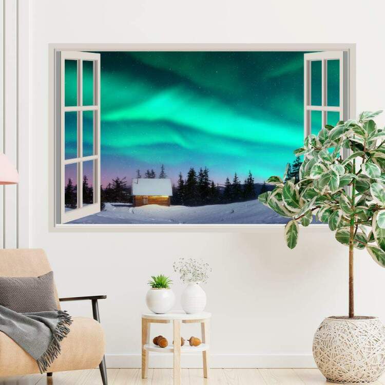 Adesivo de Parede de Janela Falsa Paisagem de Aurora Boreal Iluminando o Cu