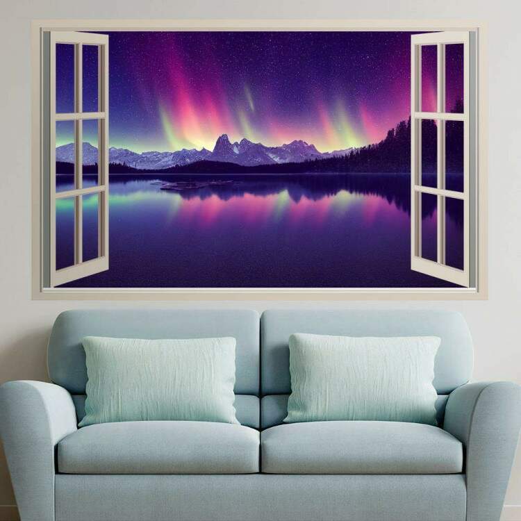 Adesivo de Parede de Janela Falsa Aurora Boreal Roxo e Rosa