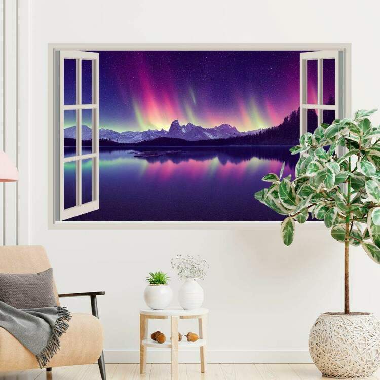 Adesivo de Parede de Janela Falsa Aurora Boreal Roxo e Rosa