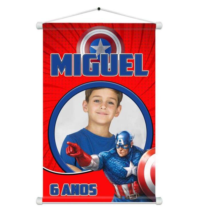 Banner em Lona Infantil Inspirado em Capito Amrica Personalizado Vermelho