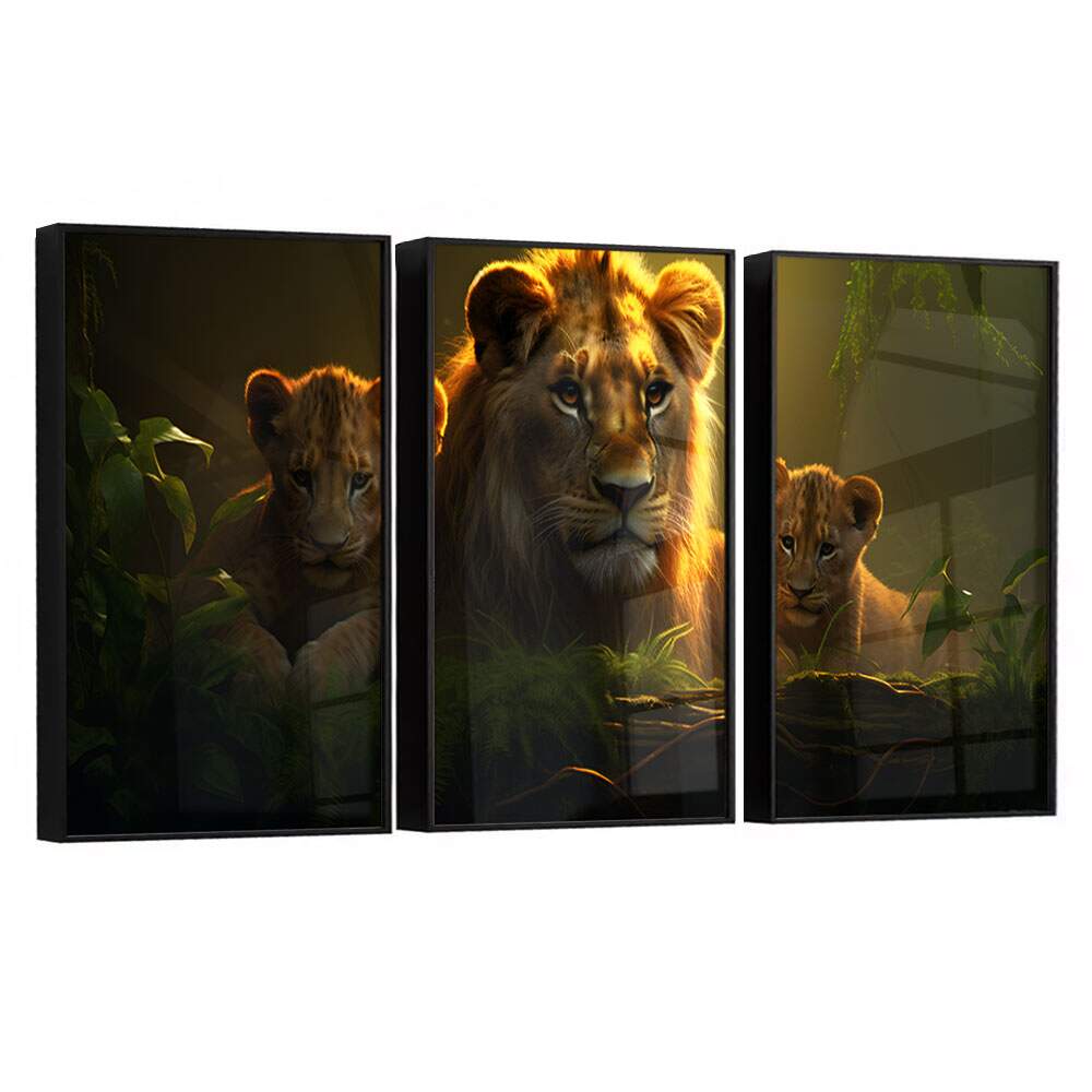 Kit 3 Quadros Decorativos Famlia Leonina na Selva