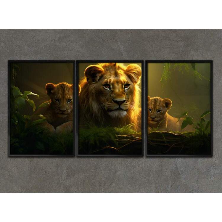 Kit 3 Quadros Decorativos Famlia Leonina na Selva