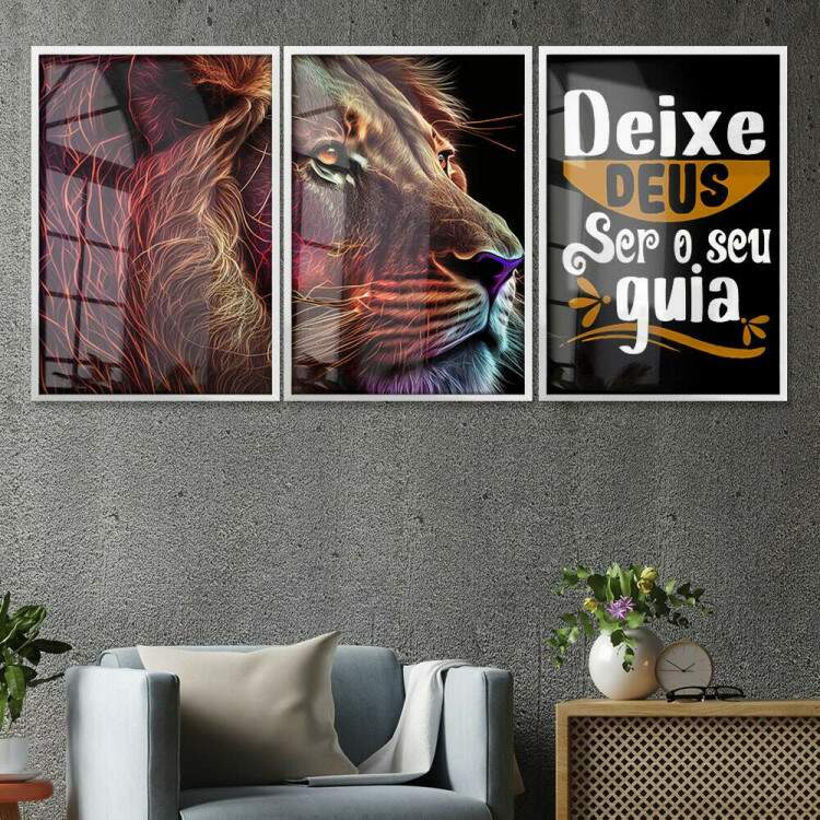 Kit 3 Quadros Decorativos Leo de Jud Deixe Deus Ser Seu Guia