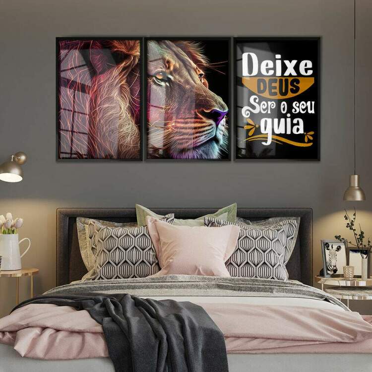 Kit 3 Quadros Decorativos Leo de Jud Deixe Deus Ser Seu Guia