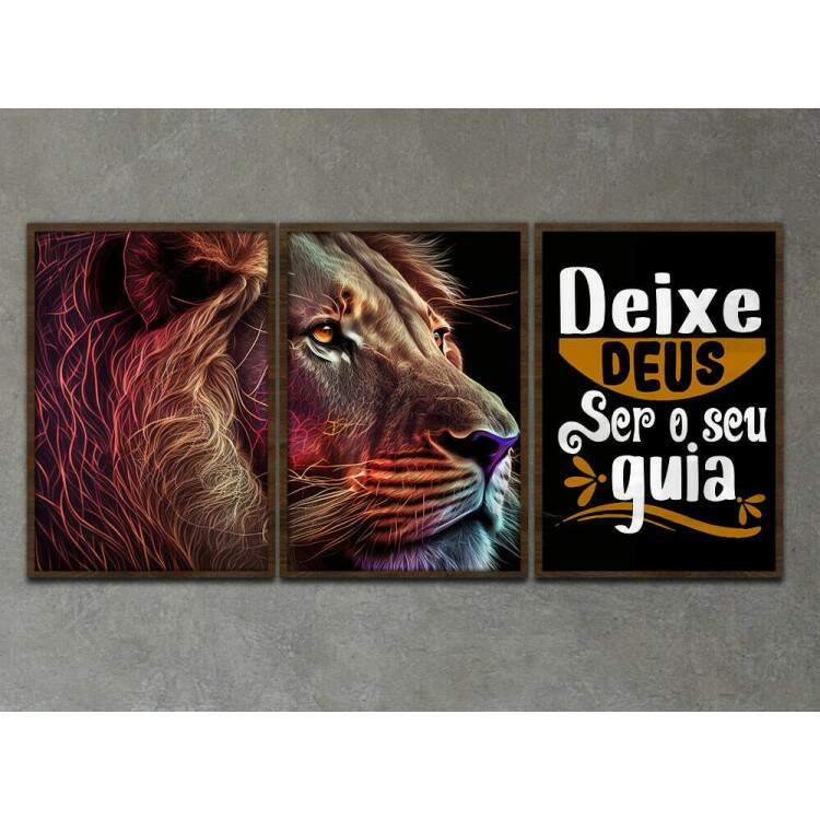 Kit 3 Quadros Decorativos Leo de Jud Deixe Deus Ser Seu Guia