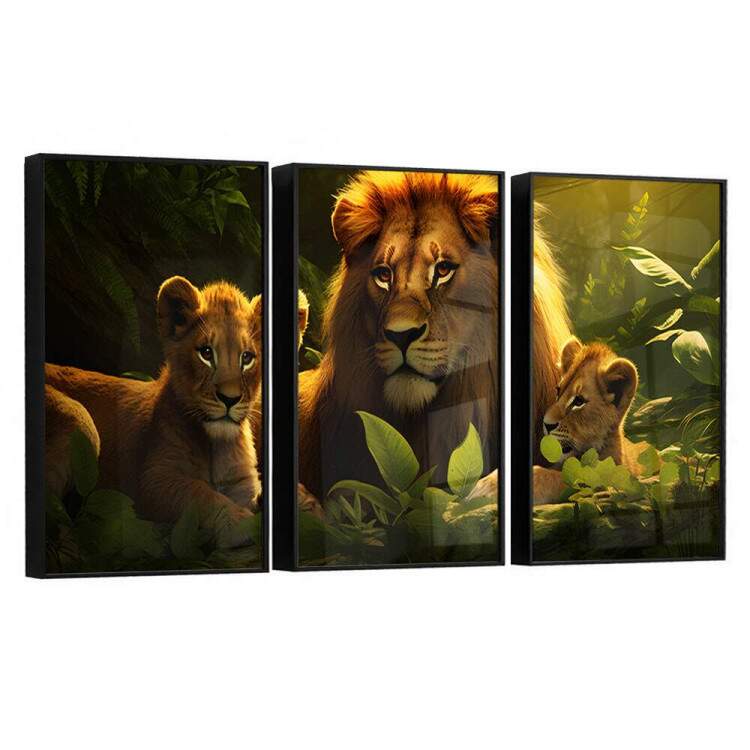 Kit 3 Quadros Decorativos Leo e Filhotes na Selva