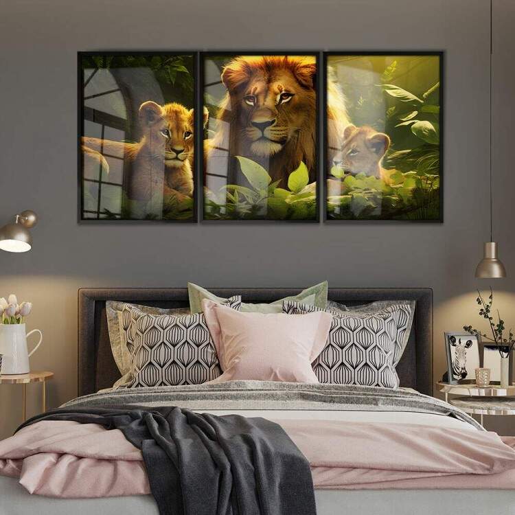 Kit 3 Quadros Decorativos Leo e Filhotes na Selva