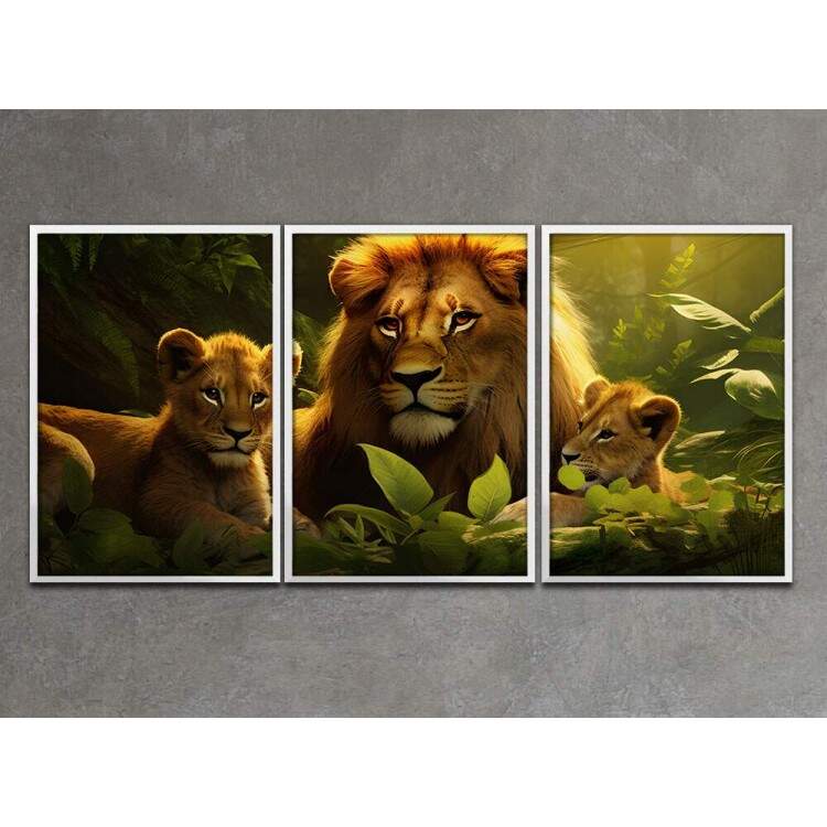 Kit 3 Quadros Decorativos Leo e Filhotes na Selva