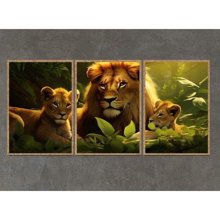 Kit 3 Quadros Decorativos Leo e Filhotes na Selva