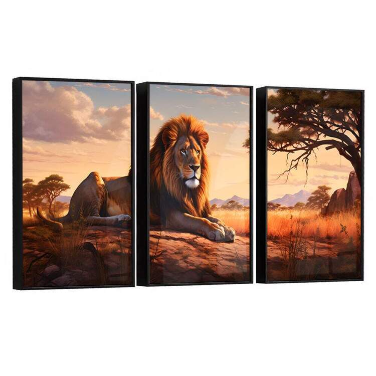 Kit 3 Quadros Decorativos Leo em Savana Estilo Pintura