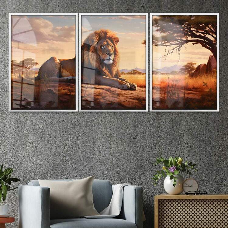 Kit 3 Quadros Decorativos Leo em Savana Estilo Pintura