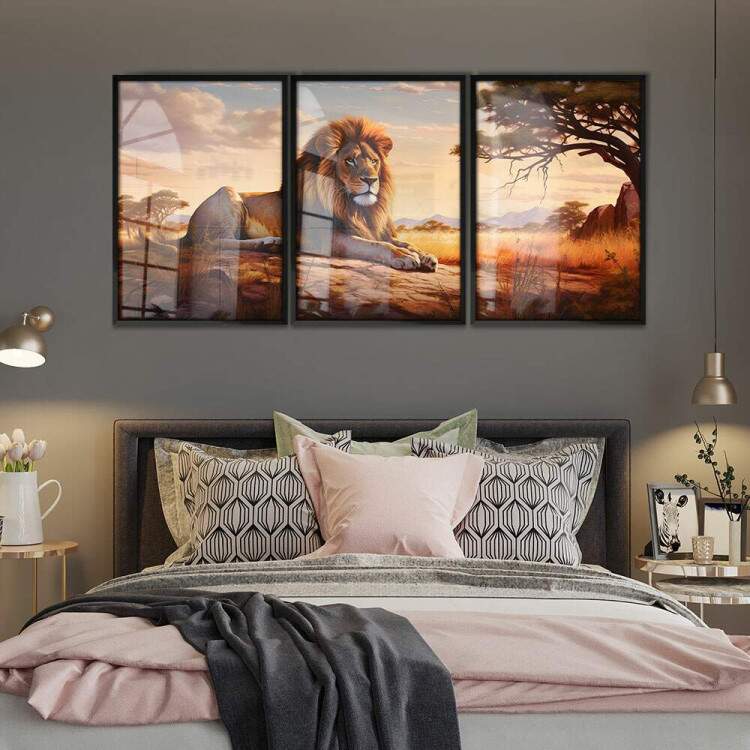 Kit 3 Quadros Decorativos Leo em Savana Estilo Pintura