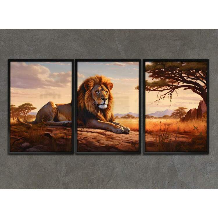 Kit 3 Quadros Decorativos Leo em Savana Estilo Pintura