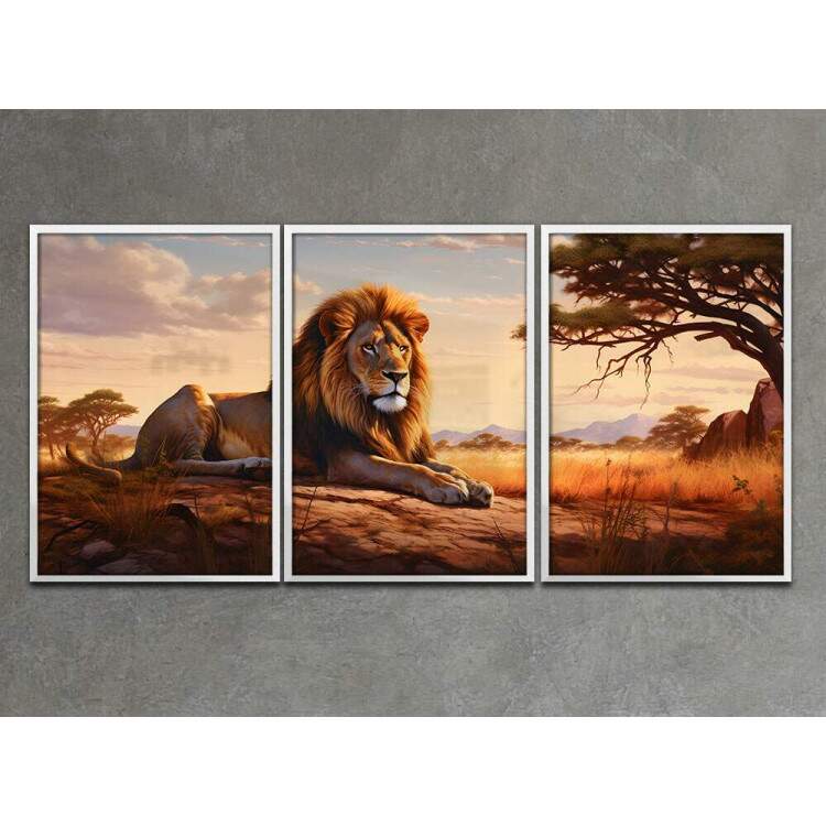 Kit 3 Quadros Decorativos Leo em Savana Estilo Pintura