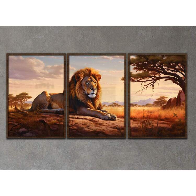 Kit 3 Quadros Decorativos Leo em Savana Estilo Pintura