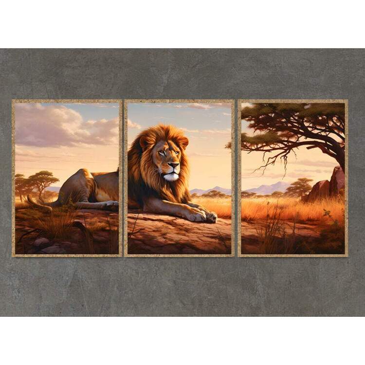 Kit 3 Quadros Decorativos Leo em Savana Estilo Pintura