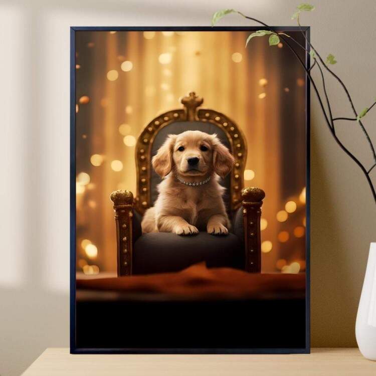 Quadro Decorativos de Animais Cachorro em Caminha Luxuosa com Fundo Brilhoso