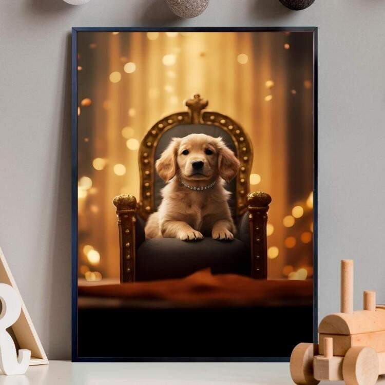 Quadro Decorativos de Animais Cachorro em Caminha Luxuosa com Fundo Brilhoso