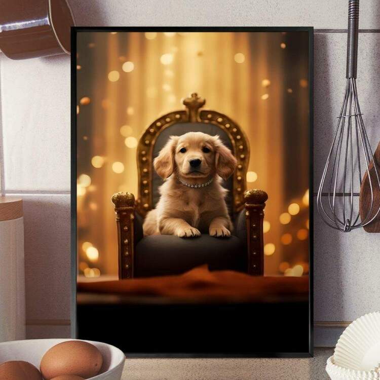 Quadro Decorativos de Animais Cachorro em Caminha Luxuosa com Fundo Brilhoso