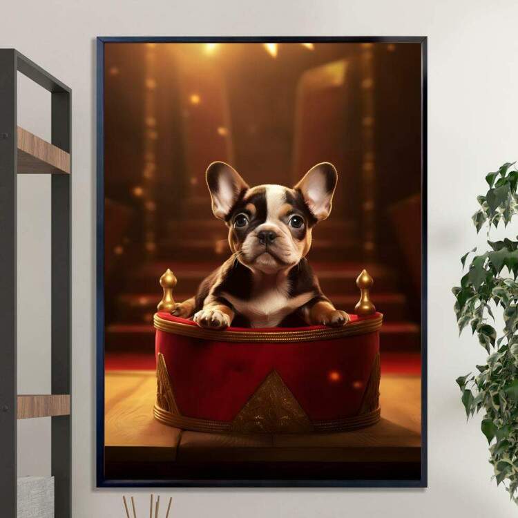 Quadro Decorativos de Animais Cachorro Fofo em Caminha Luxuosa com Fundo Brilhoso