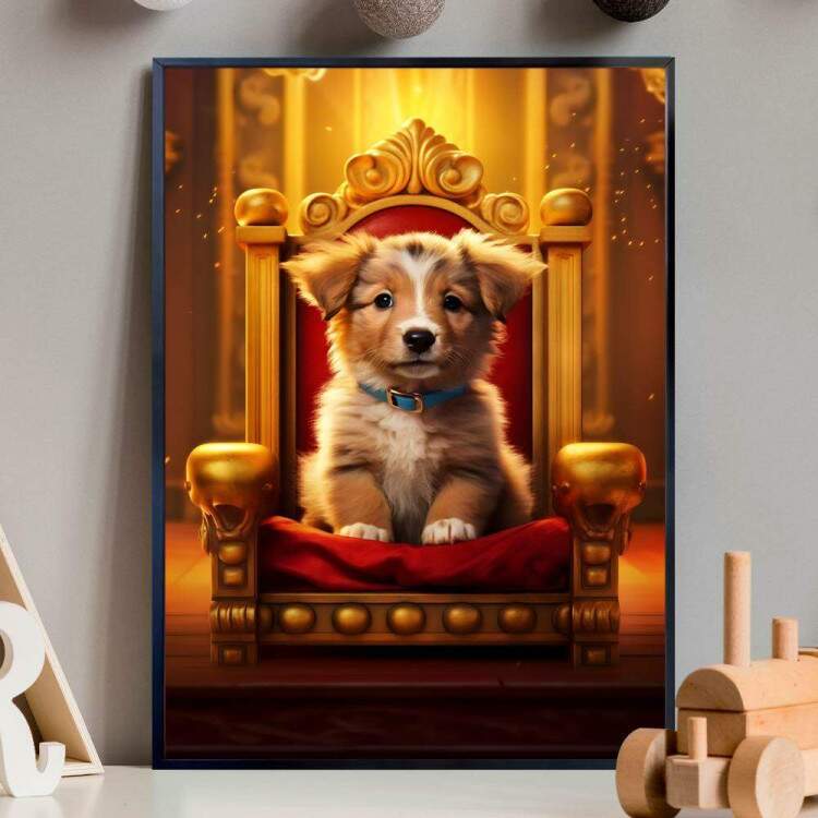 Quadro Decorativos de Animais Cachorro Fofo em Trono Luxuoso