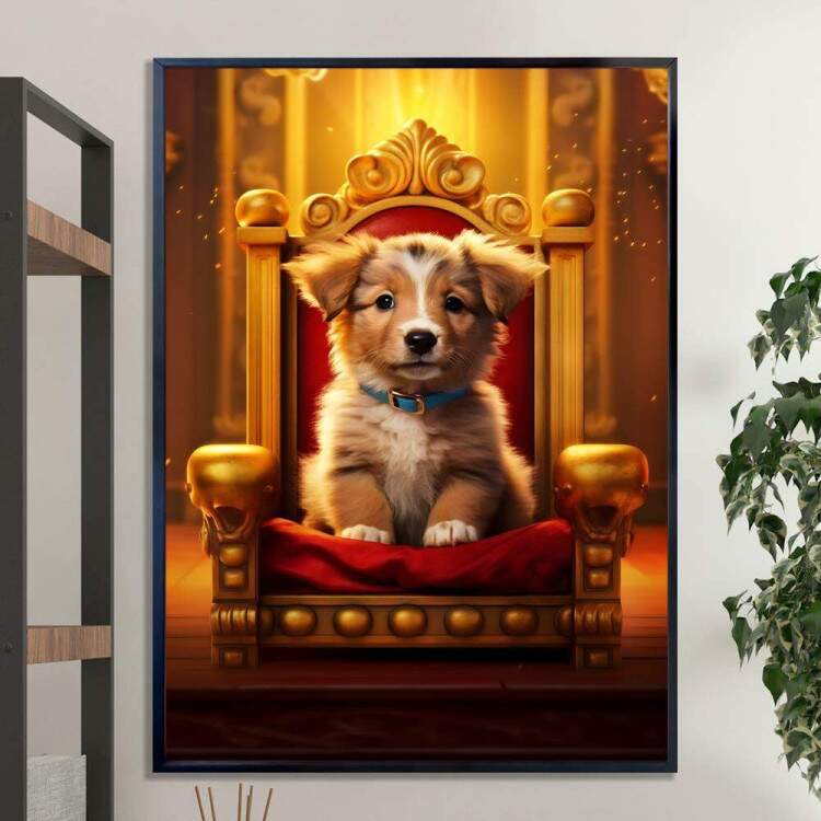Quadro Decorativos de Animais Cachorro Fofo em Trono Luxuoso