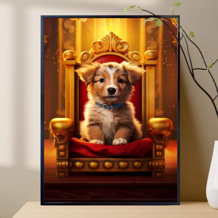 Quadro Decorativos de Animais Cachorro Fofo em Trono Luxuoso