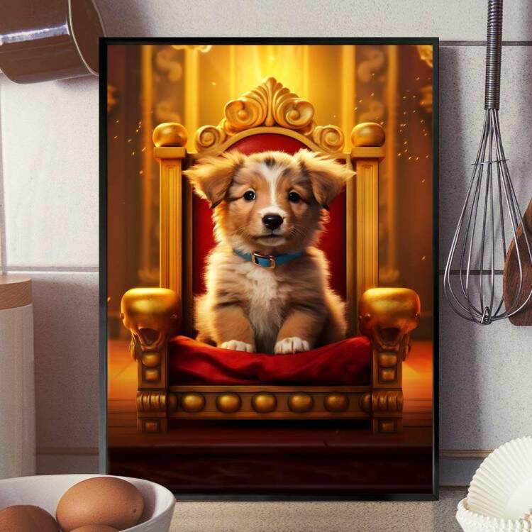 Quadro Decorativos de Animais Cachorro Fofo em Trono Luxuoso