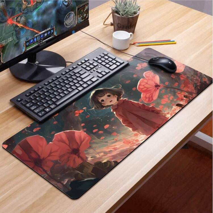 Mouse Pad Gigante 70x30cm Anime Desenho de Menina com Flores