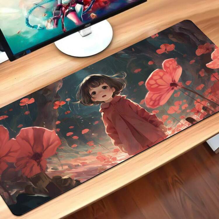 Mouse Pad Gigante 70x30cm Anime Desenho de Menina com Flores