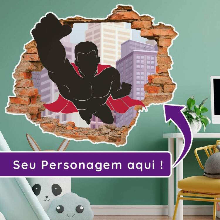 Adesivo Buraco na Parede Tijolinho Personalizado com Seu Personagem