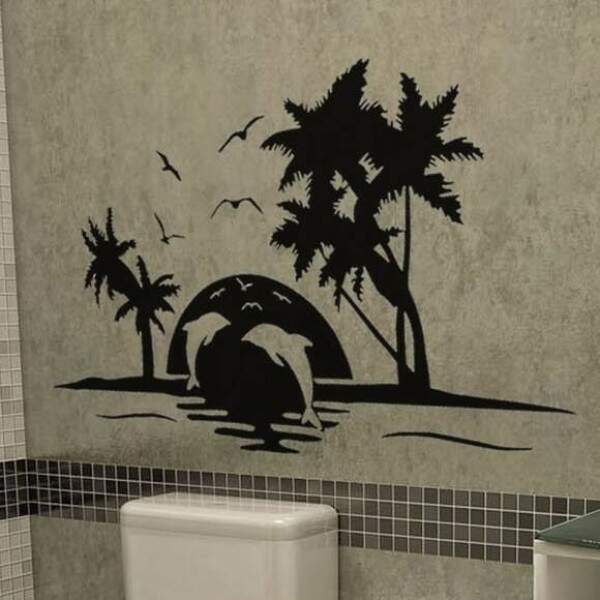 Adesivo Decorativo Para Parede de Banheiro Praia com Golfinhos