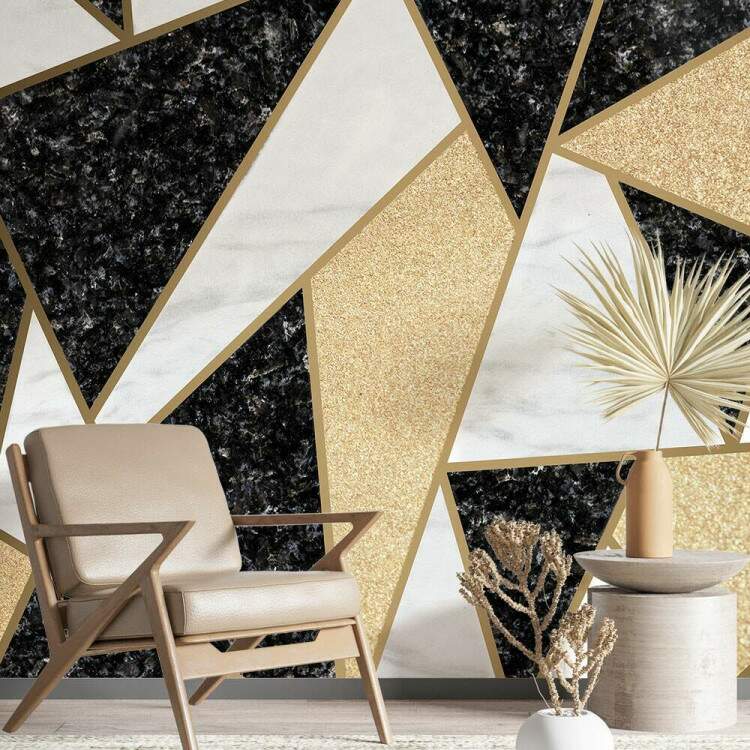 Papel de Parede Mosaico Geomtrico Preto, Branco e Dourado MP