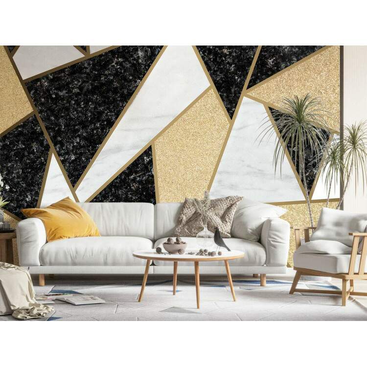 Papel de Parede Mosaico Geomtrico Preto, Branco e Dourado MP