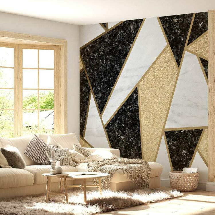 Papel de Parede Mosaico Geomtrico Preto, Branco e Dourado MP