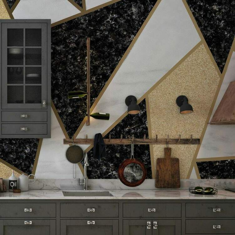 Papel de Parede Mosaico Geomtrico Preto, Branco e Dourado MP
