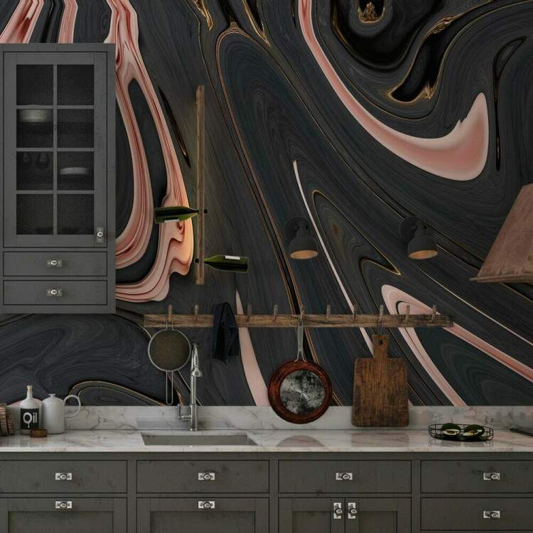 Papel de Parede Mrmore Efeito de Tinta Rose Gold com Cinza MP