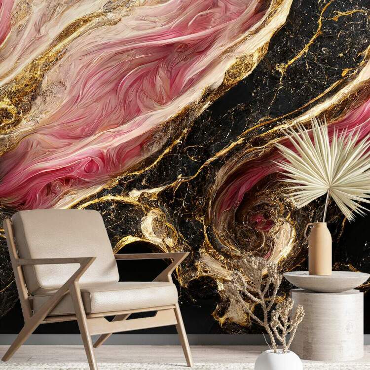 Papel de Parede Mrmore Rosa e Preto com Detalhes Dourados Luxuosos MP