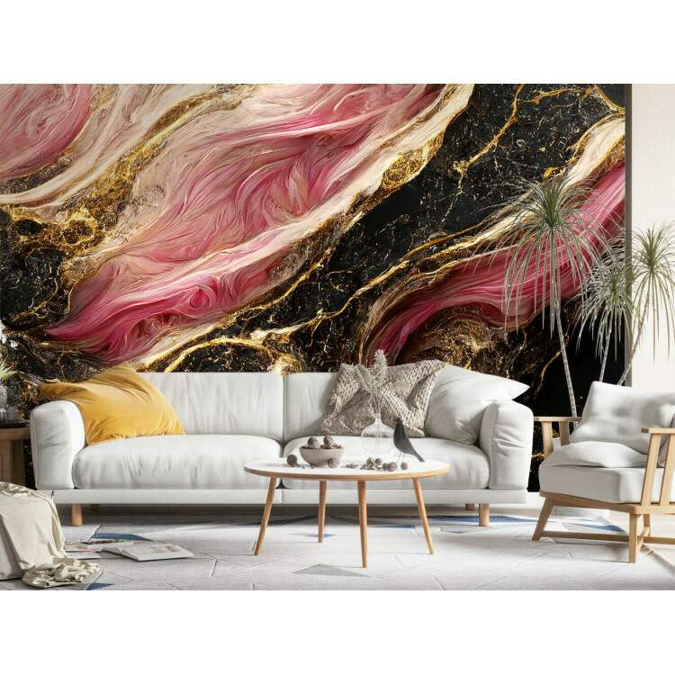 Papel de Parede Mrmore Rosa e Preto com Detalhes Dourados Luxuosos MP