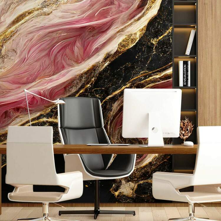 Papel de Parede Mrmore Rosa e Preto com Detalhes Dourados Luxuosos MP