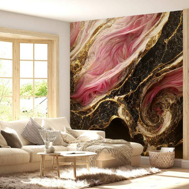 Papel de Parede Mrmore Rosa e Preto com Detalhes Dourados Luxuosos MP