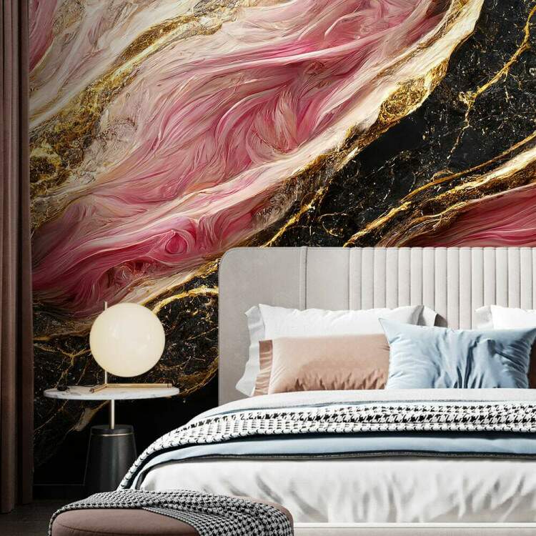 Papel de Parede Mrmore Rosa e Preto com Detalhes Dourados Luxuosos MP