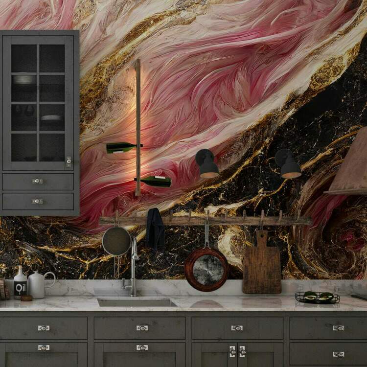Papel de Parede Mrmore Rosa e Preto com Detalhes Dourados Luxuosos MP