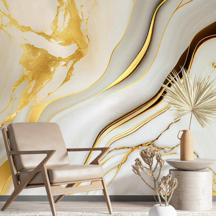 Foto Mural Mrmore Estilo Ondas em Dourado e Branco MP